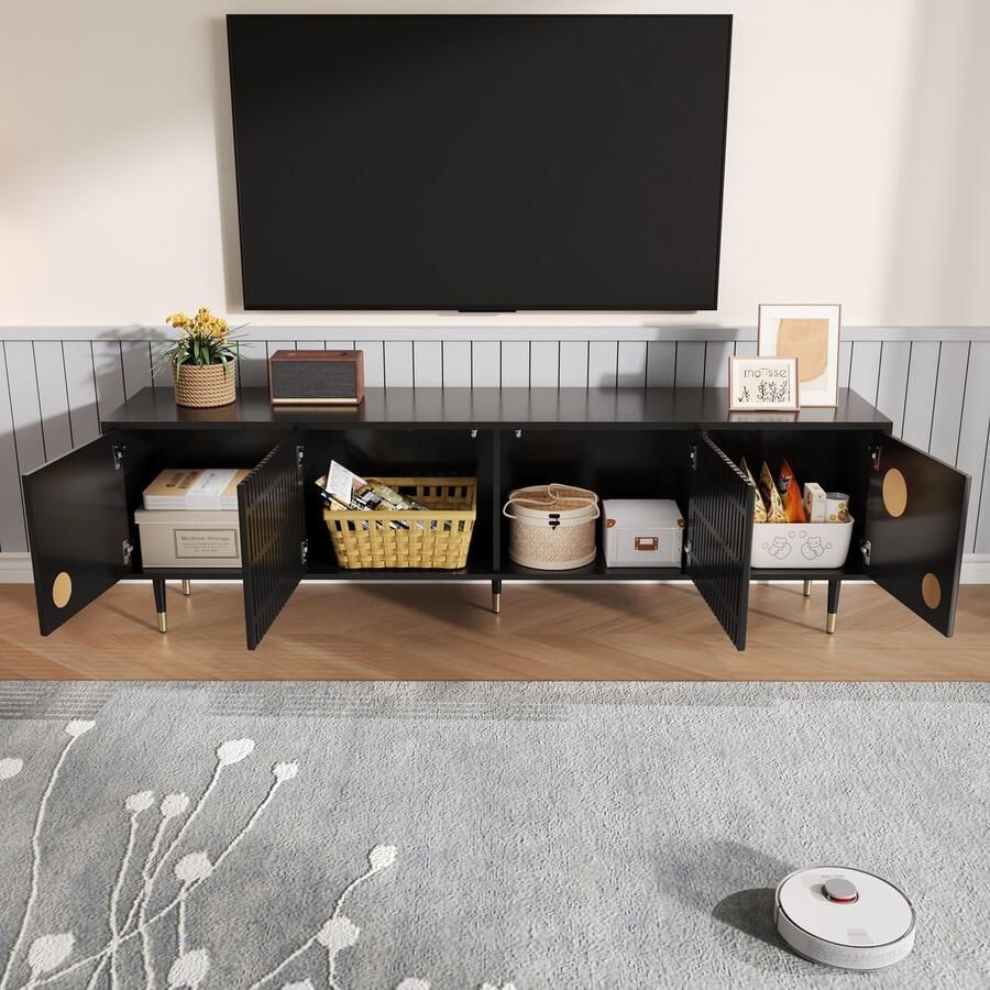 Merax TV-meubel 170 x 36 x 54 cm tv-meubel met een gridstructuur verborgen handgrepen gouden decoratie twee deuren zwart