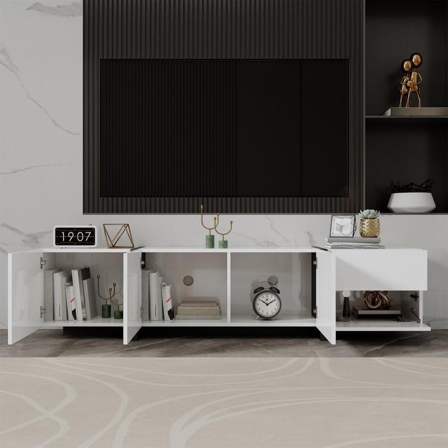 Merax TV-meubel 170x30x39cm lage kast met LED-verlichting witte hoogglans kast en zwarte tafelpoten met deuren en lades