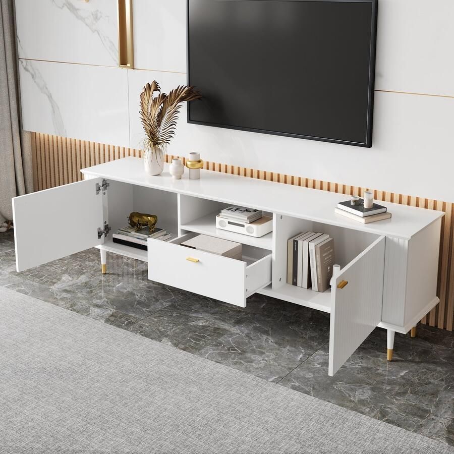 Merax Tv-meubel 170x36x54 -5 cm met open vakken en lades gelakte structuur oppervlakte eenvoudig wit