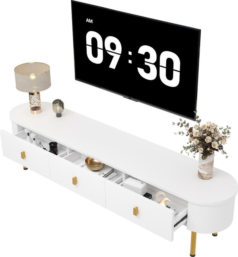 Merax Lowboard TV-meubel met Gouden Handgrepen en Benen Drie Schubladen en Geschwungene Hoeken 174 cm