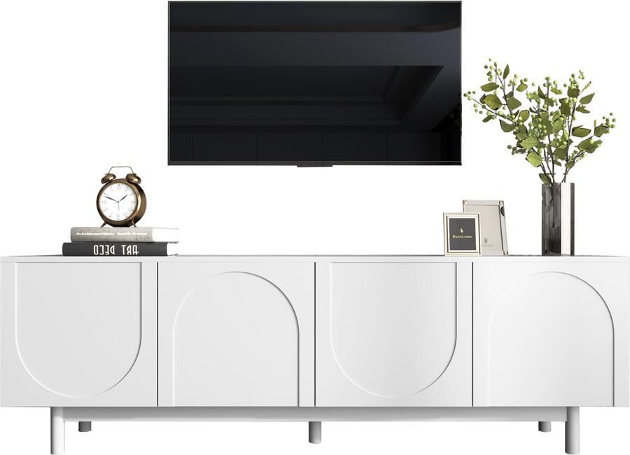 Merax TV Meubel 175 cm – Modern Lowboard met 4 Deuren – Kast met Verstelbare Planken – Geschikt voor TV tot 59 Inch – Luxe Design – Wit