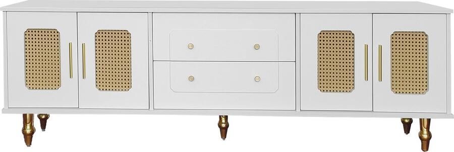 Merax TV-meubel Retro Stijl – TV-meubel met Rattandeuren Gouden Handgrepen en Metalen Poten – Geschikt voor TV s tot 75 inch