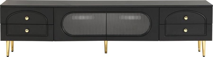Merax TV-Meubel 175 cm Zwart MDF Lowboard met 4 Schuiflades Glasdeuren en Gouden Accenten Geschikt voor 70-79 Inch TV's