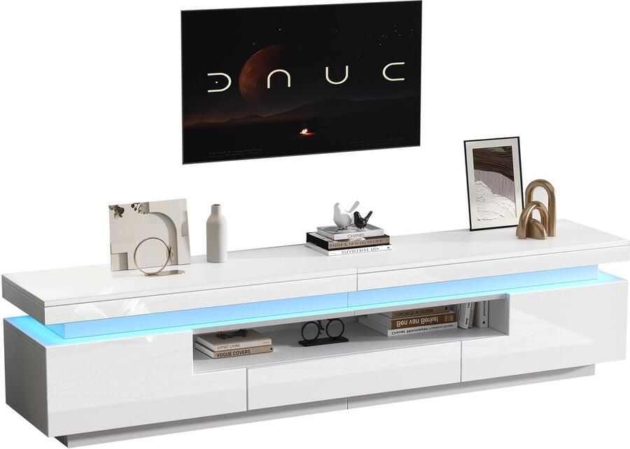 Merax TV-Meubel 175 x 38 x 45 cm – Wit Hoogglans TV-Kast met LED Verlichting 2 Kasten en 1 Lade – Lowboard voor 75 inch TV – Modern Design met Halfope Opbergruimte