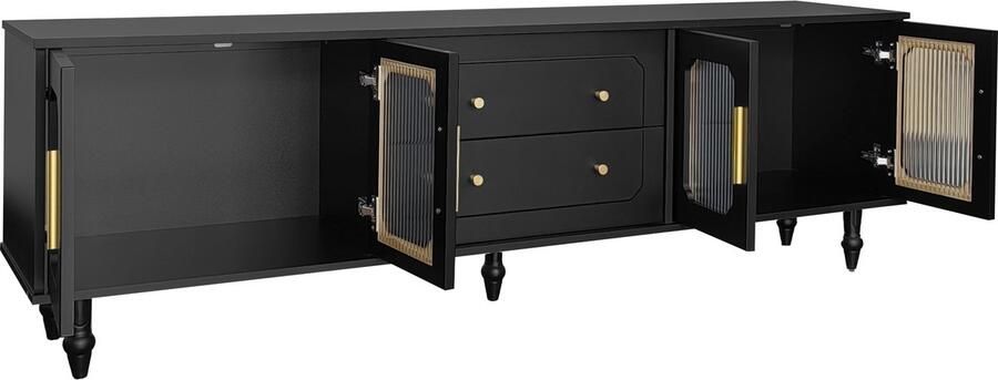 Merax Retro TV Meubel 175 cm – Zwart met Geribbeld Glas in Deuren en Gouden Handgrepen – Kast met 2 Lades - Foto 3
