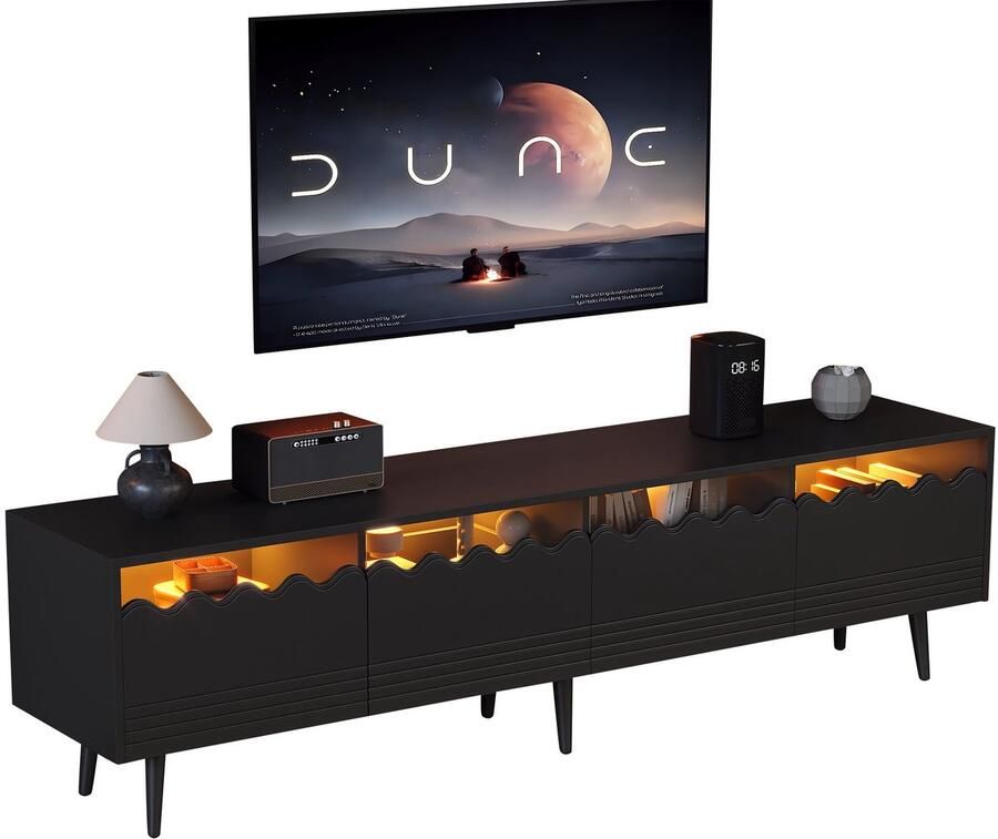 Merax TV-Meubel 176x38x45 Cm Zwart Lowboard Met LED Verlichting TV-Kast Met 2 Schubladen En 2 Deuren Moderne Dressoir TV-Meubel Tot 75 Inch TV