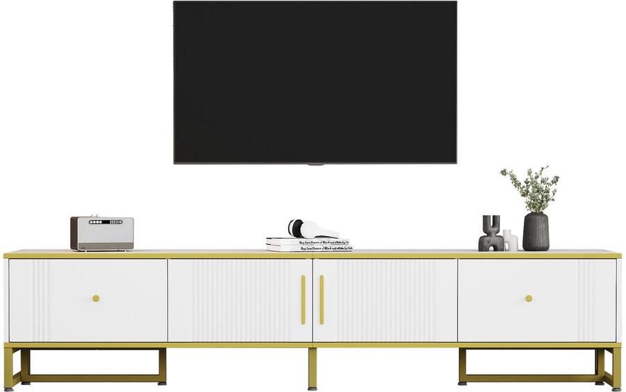 Merax TV-meubel 180 cm Elegant Wit TV-meubel met Gouden Rand 2 Deuren 2 Laden Verstelbare Poten en Kabelmanagement Geschikt voor 80-Inch TV