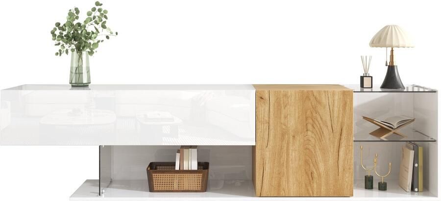 Merax TV-meubel 180 cm – Hoogglans Wit met Houtlook en Glazen Planken – Modern TV-dressoir met Opbergruimte voor Woonkamer