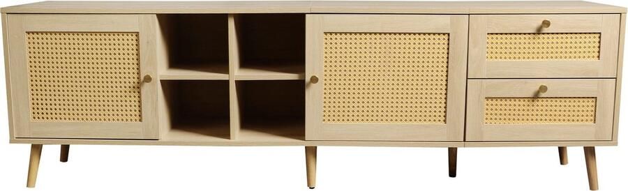 Merax TV-Meubel 180 cm Hout en Rattan Lowboard met 2 Deuren 2 Lades en Open Vakken Geschikt voor 80 inch TV