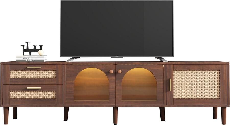 Merax 180 cm brauner TV-Schrank für 80-Zoll-Fernseher – mit 2 Rattan-Schubladen 2 gewölbten Glastüren und 1 Rattan-Tür LED-Beleuchtung bietet stilvolle Aufbewahrung TV-Board - Foto 2