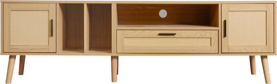 Merax Geräumiger 180-cm-TV-Schrank mit Rattan-Dekoration 2 Türen und einer Schublade Beine aus Massivholz bietet Platz für einen 80-Zoll-Fernseher TV-Aufbewahrungsschrank TV-Schrank