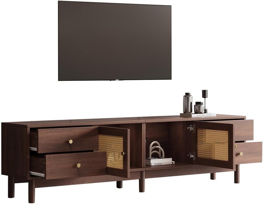 Merax TV-meubel 180 cm – Modern design in donkere houtlook met rattan deuren 4 lades en kabelmanagement – Geschikt voor TV s tot 80 inch