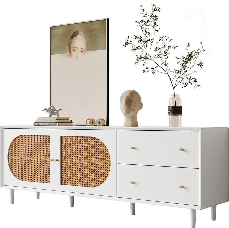 Merax Witte TV-kast met Massief Houten Poten en Rattandesign – Ruime Opbergruimte met 2 Schubladen en 2 Deuren – TV-meubel voor 80 inch TV