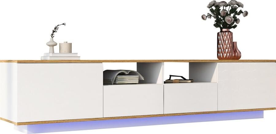 Merax LED TV-meubel Lowboard met 16 LED-kleuren modern design en ruime opbergruimte Geschikt voor TV's tot 80 inch Wit met eikenhouten afwerking