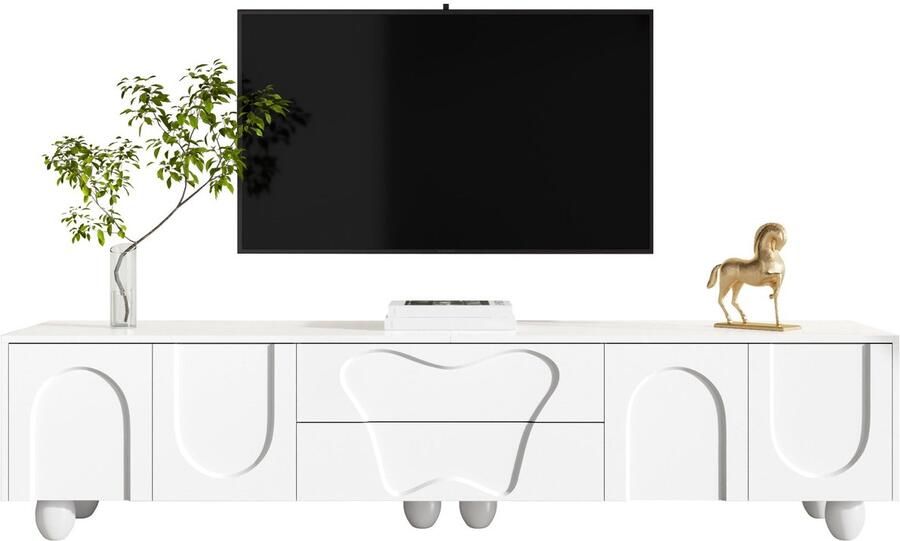 Merax TV-meubel 180 cm – Wit met Massief Houten Poten – Minimalistisch TV-dressoir met Veel Opbergruimte