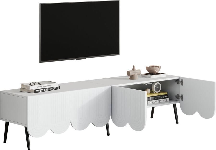Merax TV-meubel 180 cm – Wit met Uniek Design Geschikt voor TV s tot 80 Inch Twee Deuren en Kabelmanagement