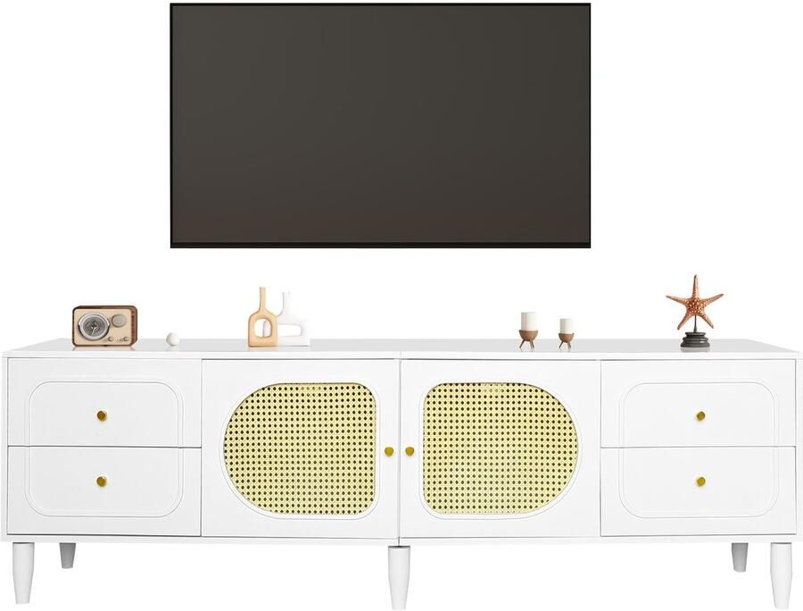 Merax Elegante Rattan TV-Schrank 180x40x56.5 cm Met 4 Laden 2 Rattantüren Verstelbare Voeten en Kabelmanagement voor TV's tot 80 Inch
