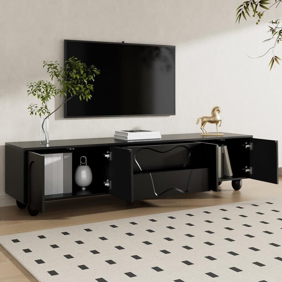 Merax TV-meubel 180 x 40 x 42 cm met houten poten minimalistisch elegant met opbergruimte zwart
