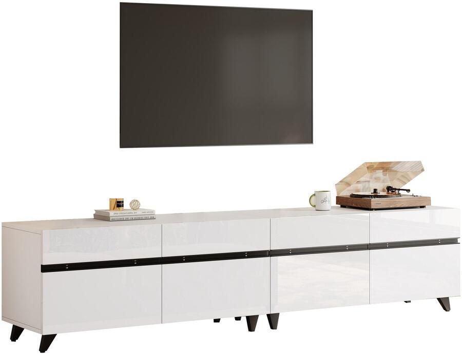 Merax TV-Meubel 180 x 40 x 49 cm – Wit Hoogglans TV-Kast met 4 Kasten en Verstelbare Planken – Modern Lowboard met 8 Poten – Geschikt voor TV s tot 80 inch