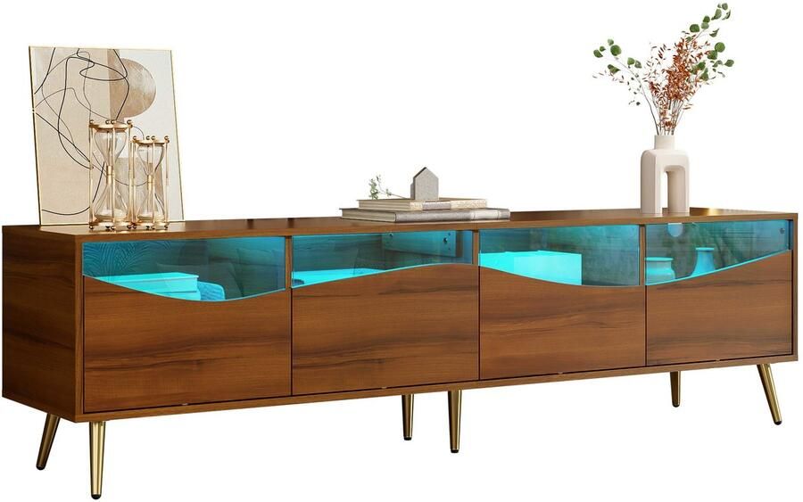 Merax TV-Meubel 180 x 40 x 50 cm – Modern Lowboard in Houtkleur met Glasfront LED Verlichting en Gouden Poten – TV-Kast met Ruime Opbergruimte voor Woonkamer
