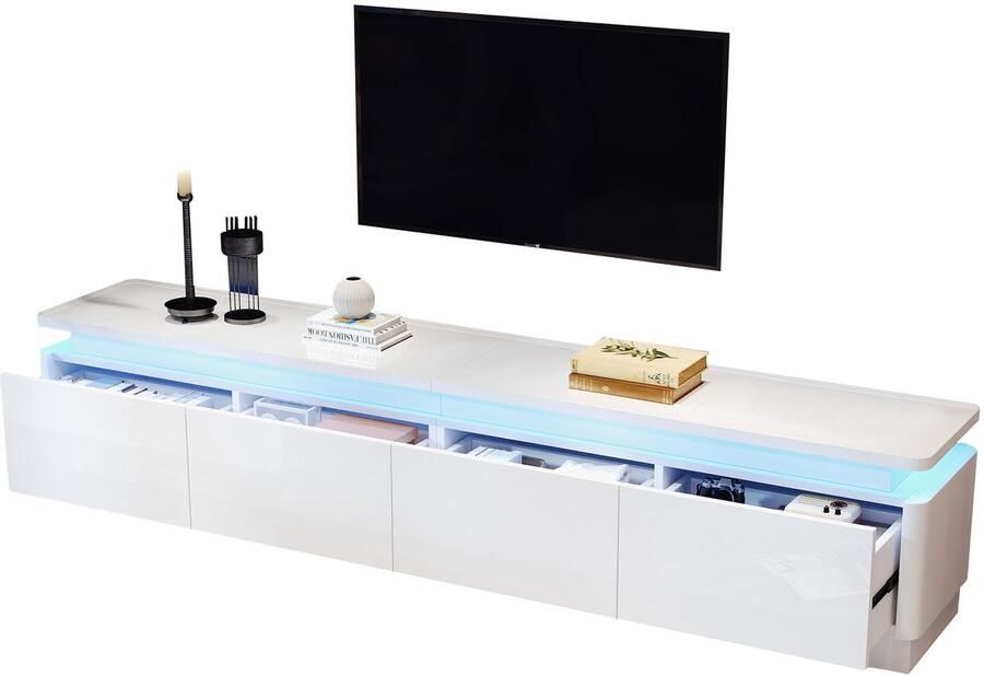 Merax TV-meubel 180x34x40 cm – Wit Hoogglans Lowboard met 4 Lades en LED Verlichting – Tv-kast tot 80 Inch – Moderne Tv-tafel en Tv-dressoir