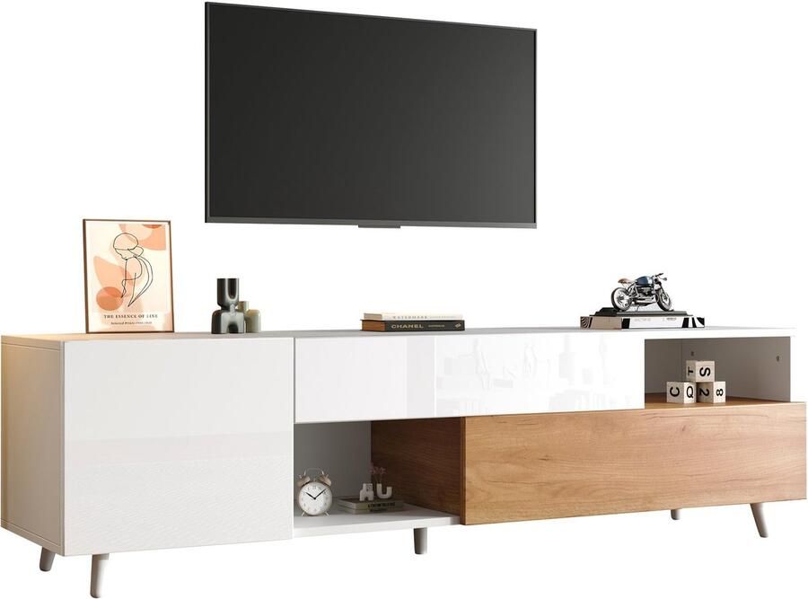 Merax TV-Meubel 180x38x50 Cm Hoogglans TV-Kast Met Lade En Deur TV-Dressoir Met 7 Opbergvakken En Houten Poten Geschikt Voor TV Tot 75 Inch Wit Met Houtkleur