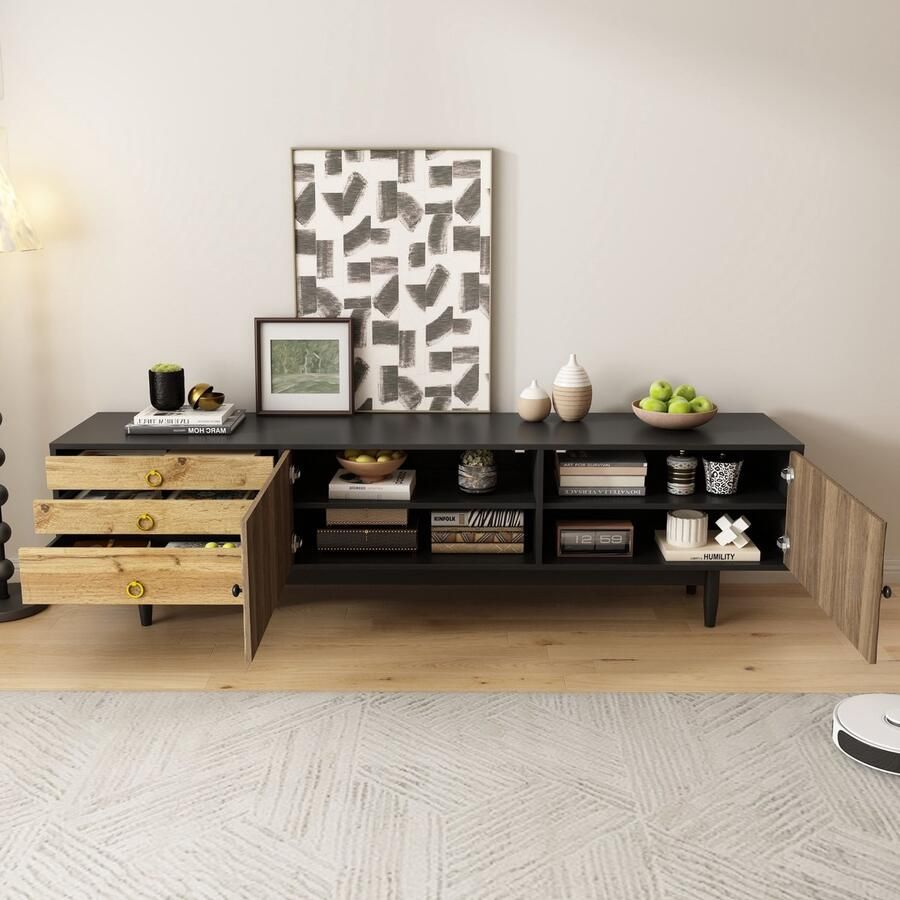 Merax TV-meubel 180x50x38cm lage kast met golvende deurpanelen drie lades houten kleur en zwart