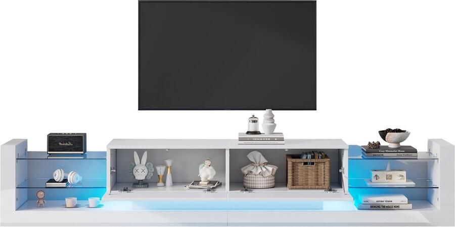 Merax TV-Meubel 181 cm Geschikt voor TV s tot 80 Inch Hoogglans Wit met Glasfront en LED-Verlichting Met Twee Klapladen