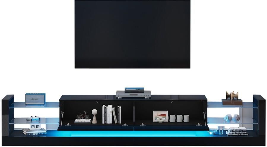 Merax TV-Meubel 181 cm Geschikt voor TV s tot 80 Inch Hoogglans Zwart met Glasfront en LED-Verlichting Met Twee Klapladen