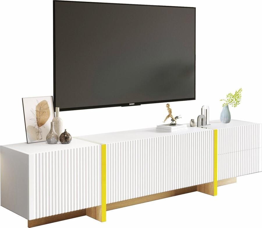 Merax TV-meubel 190 cm Breed Wit met Gouden Accenten en Houtstructuur – 3 Deuren en 2 Laden