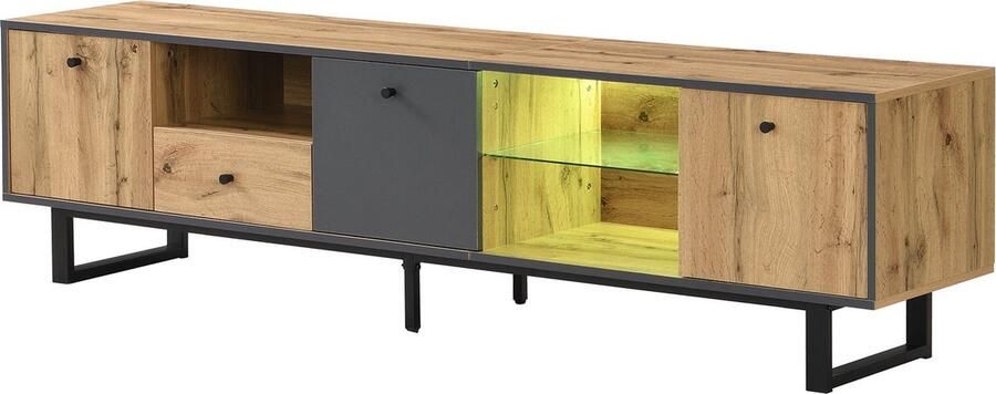 Merax Lowboard TV-meubel 190x40x50 cm met LED-verlichting Glazen Schappen en Zachte Sluiting – Geschikt voor TV s tot 75 inch - Foto 2