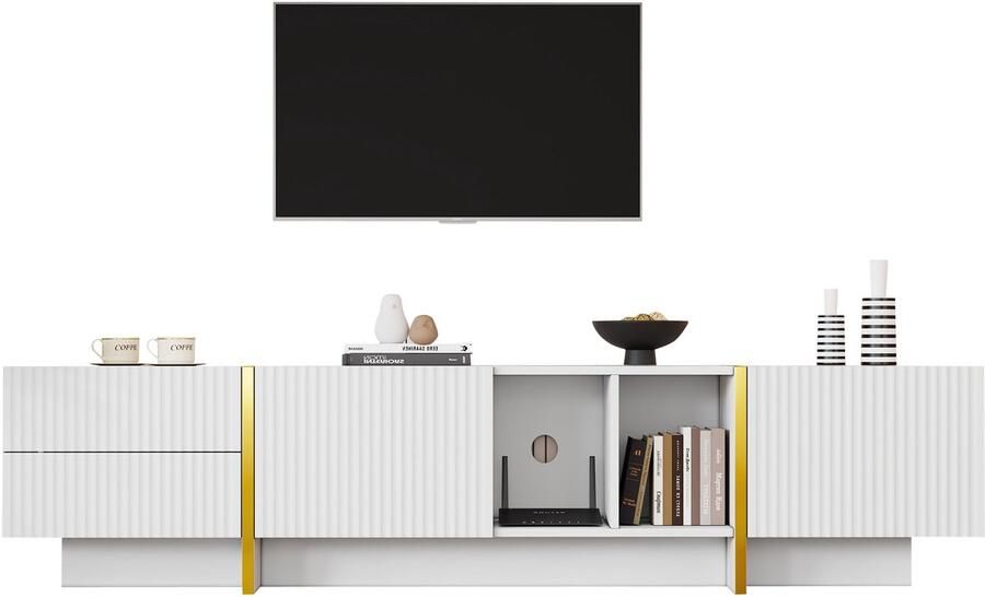 Merax Luxe TV-Kast Witte Matte Afwerking Meerdere Opbergvakken Geschikt voor TV s tot 80 Inch 190x35x45.5 cm