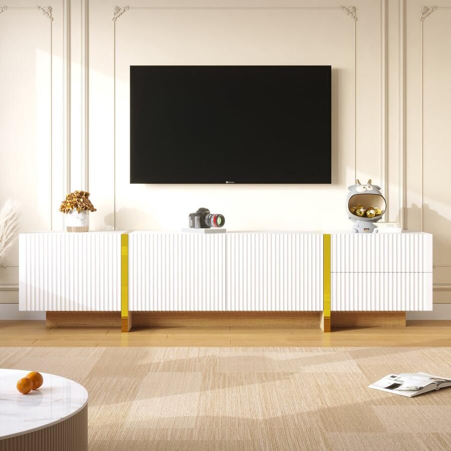 Merax Tv-meubel 190 x 35 x 45 cm 3 deuren 2 lades wit goud en houtnerf