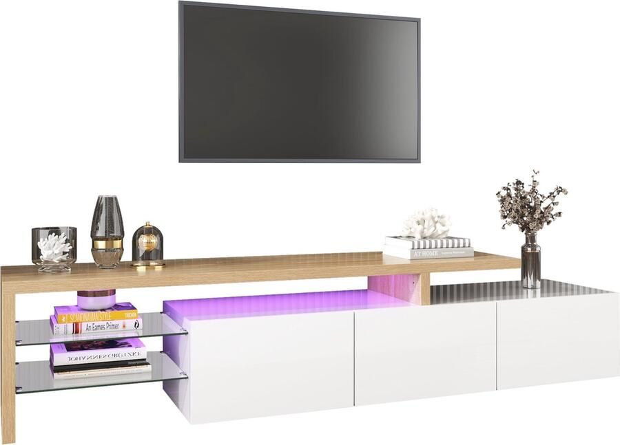 Merax TV Meubel 197 cm – Modern TV Kast in Hoogglans Wit met Houtlook – LED Verlichting – Glasplanken – Geschikt voor TV tot 75 Inch