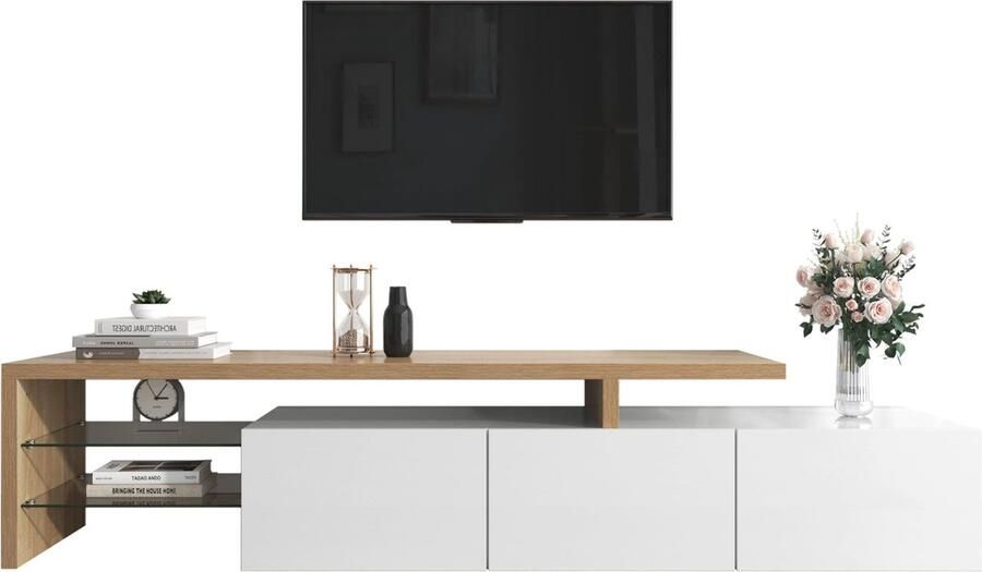 Merax TV Meubel 197 cm – Modern TV Kast in Hoogglans Wit met Houtlook – LED Verlichting – Glasplanken – Geschikt voor TV tot 75 Inch - Foto 2