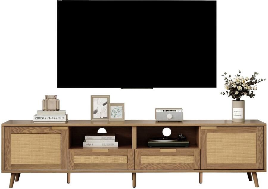 Merax tv-meubel 200 cm – eiken tv-kast met rattanlook 2 deuren & 2 lades – met massiefhouten poten en verstelbare voetjes – modern en natuurlijk design