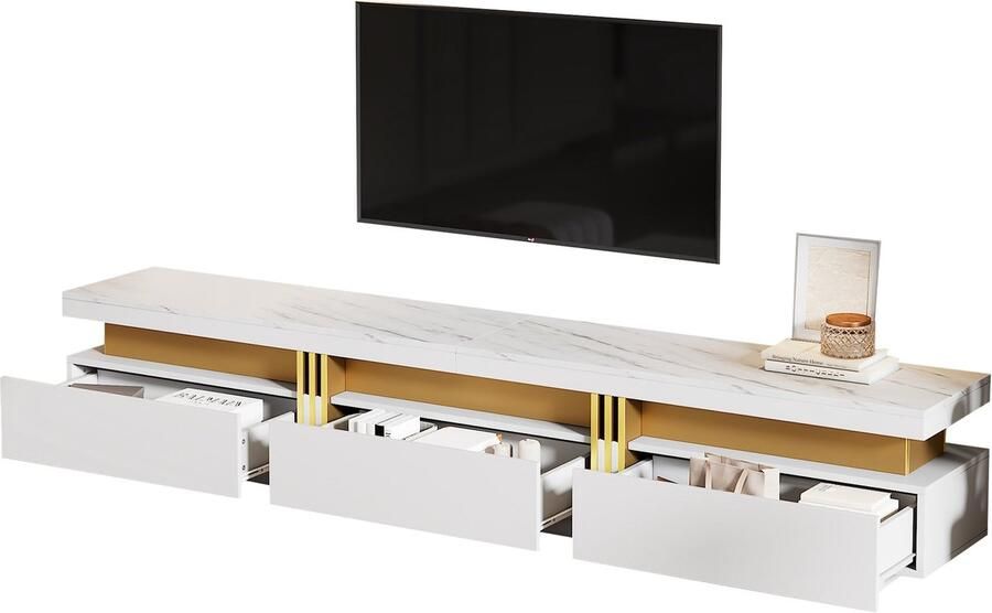Merax TV-meubel 200 cm – Hoogglans met Marmerlook Geschikt voor TV s tot 90 Inch Drie Schuifladen en Kabelmanagement