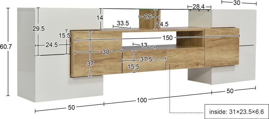 Merax TV-Meubel 200 cm met Glas Hangend TV Kast met LED Verlichting Bruin met Wit
