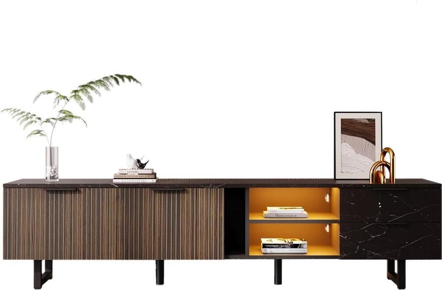 Merax TV-meubel 200 cm – Modern TV-meubel met Zwarte Marmorlook Donkere Houtnerfdeuren Verstelbare LED-verlichting Twee Deuren en Twee Laden Geschikt voor Robotstofzuiger - Foto 2