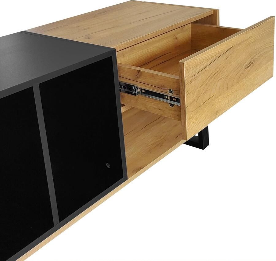 Merax TV-Meubel 200 cm Zwart en Houtkleur Lowboard met 3 Lades en Open Vakken Geschikt voor 70-80 inch TV