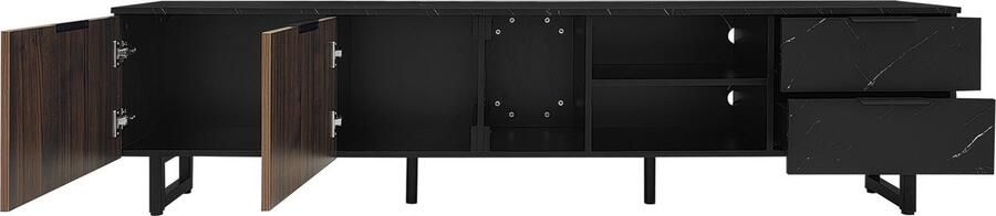Merax TV-meubel 200 cm – Modern TV-meubel met Zwarte Marmorlook Donkere Houtnerfdeuren Verstelbare LED-verlichting Twee Deuren en Twee Laden Geschikt voor Robotstofzuiger