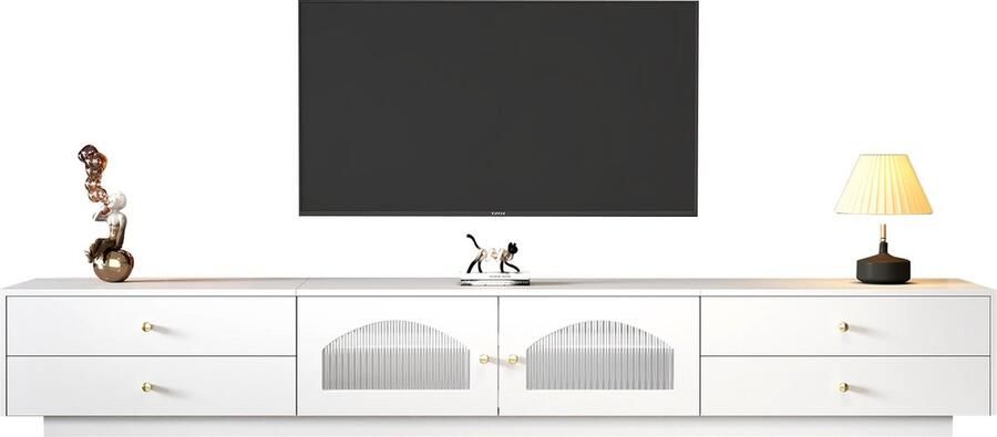 Merax TV-meubel 220 cm Wit design met 4 lades en glazen deuren Geschikt voor TV's tot 90 inch