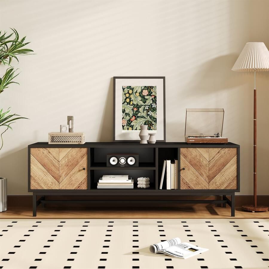 Merax Tv-meubel Contrasterend zwart en houten design met veelzijdige opbergruimte modern en minimalistisch design