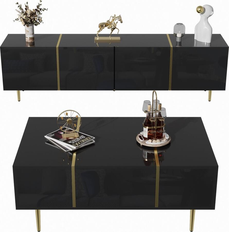 Merax TV-meubel en salontafel set – 170 cm hoogglans zwart met gouden accenten veel opbergruimte modern design