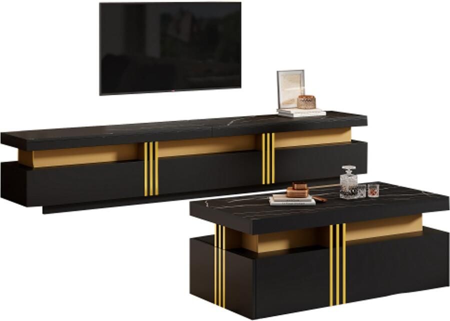 Merax Zwart TV Wandmeubel – TV Meubel + Salontafel Set – Wandkast voor Woonkamer met Marmerlook Blad en Lades – Geschikt voor TV tot 90 inch