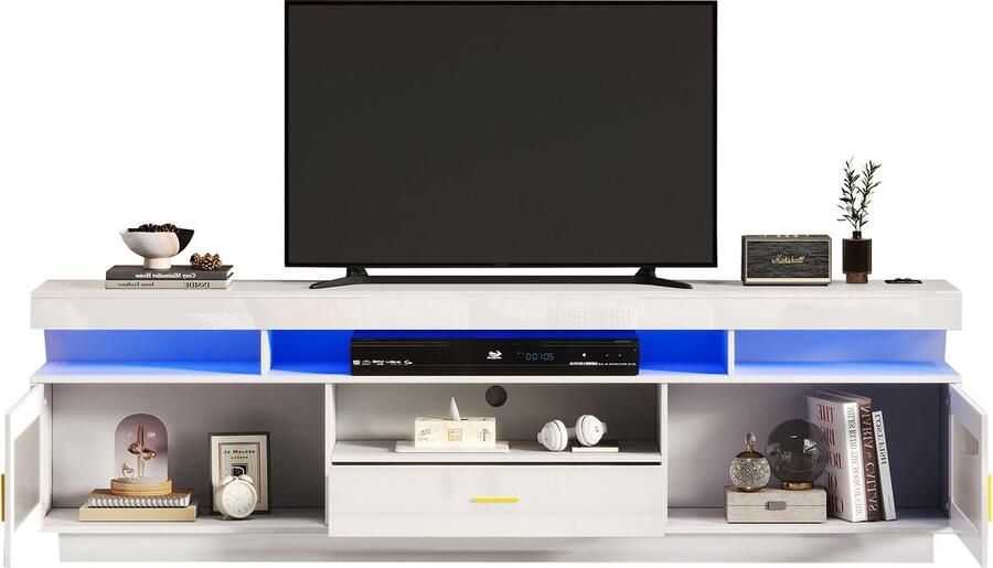 Merax TV-meubel Hoogglans Wit 150x40x60 cm met LED-verlichting – 2 glazen deuren 1 lade 3 open vakken kabelmanagement en softclose scharnieren