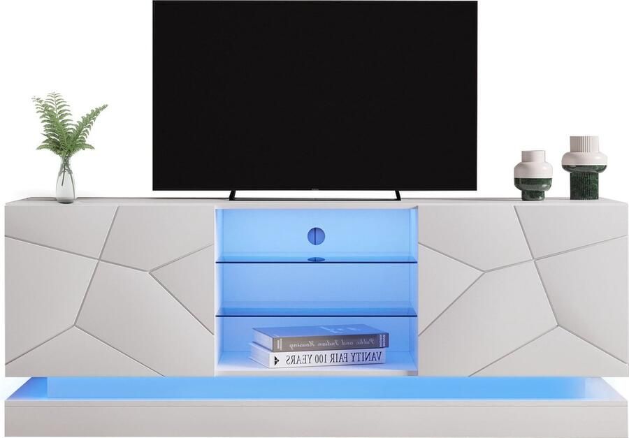 Merax TV-meubel Hoogglans Wit 1.6 Meter met Verstelbare Glasplanken Geschikt voor TV s tot 70 inch Stijlvolle Opbergruimte met Soft Close Scharnieren