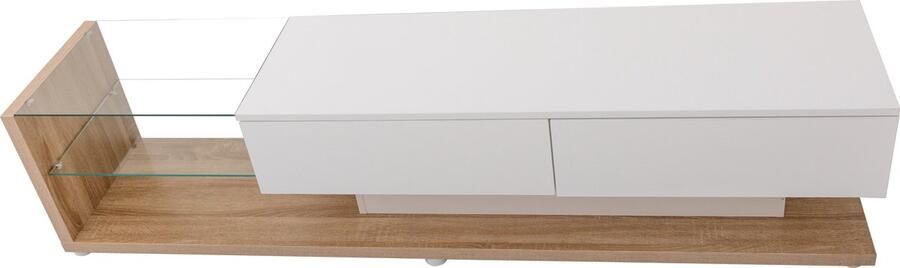 Merax TV-Meubel Hoogglans Wit en Houtkleur Lowboard met LED-verlichting en Glaspanelen 170 cm