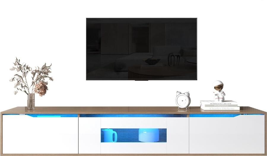 Merax TV-Meubel Hoogglans Wit met Houten Accenten LED Verlichting in 16 Kleuren 180 x 35 x 30 cm