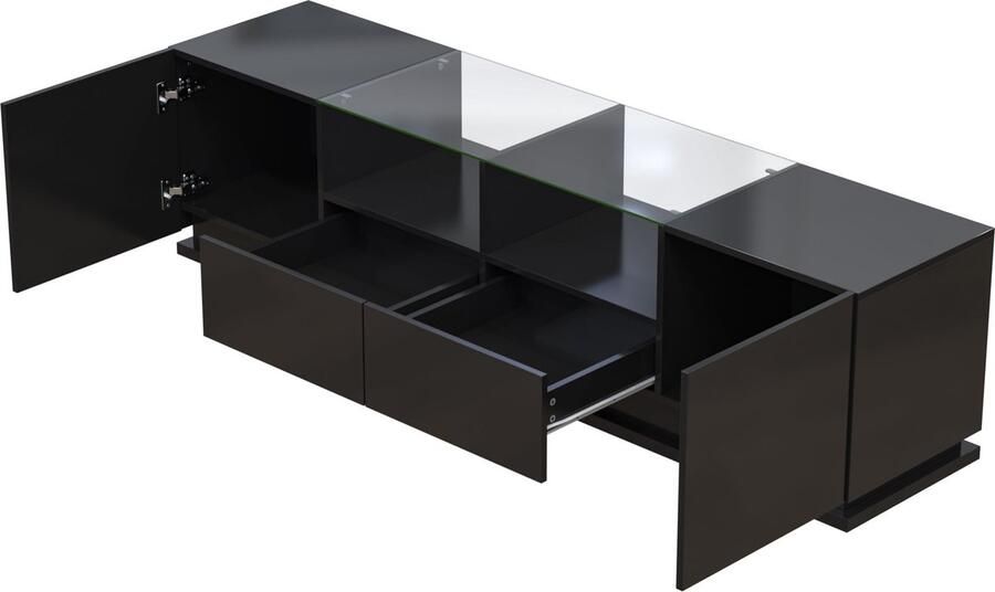 Merax TV-meubel hoogglans zwart – 165 cm breed met glasplanken 2 deuren 2 lades en LED-verlichting in 16 kleuren - Foto 2